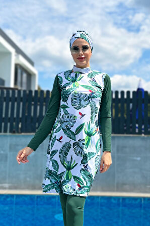 Tasarım Tam Kapalı Tesettür Mayo Remsa Mayo Yeşil Yapraklar | L