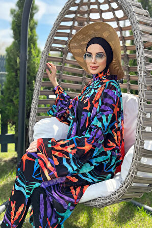 Remsa Tesettür Mayo Üzerine Tek Kaftan Kimono Pareo RP004A Mercan | 1