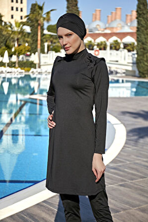 Remsa Mayo Likralı Tam Kapalı Omuzu Şık Fırfırlı Tesettür Mayo R060 Nilgün Siyah | S