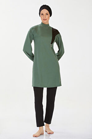 Likralı Tam Kapalı Tesettür Mayo Rozamay Alanı 9238 Haki | S