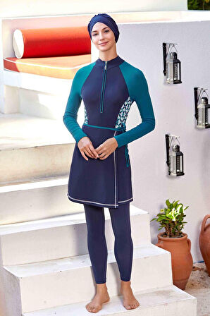 3 Farklı Şekilde Giyilebilir Likralı Tam Kapalı Tesettür Mayo Karmen 4534 Koyu Lacivert | S