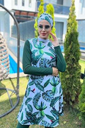 Tasarım Tam Kapalı Tesettür Mayo Remsa Mayo Yeşil Yapraklar | 3XL