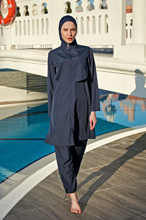 Remsa Önü Kapaklı Paraşüt Tam Kapalı Tesettür Mayo R030 Nuray Koyu Lacivert | 3XL
