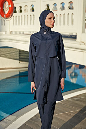 Remsa Önü Kapaklı Paraşüt Tam Kapalı Tesettür Mayo R030 Nuray Koyu Lacivert | 3XL