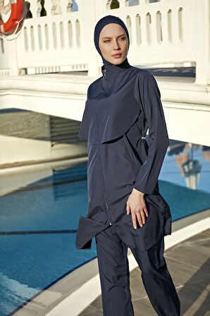 Remsa Önü Kapaklı Paraşüt Tam Kapalı Tesettür Mayo R030 Nuray Koyu Lacivert | 3XL