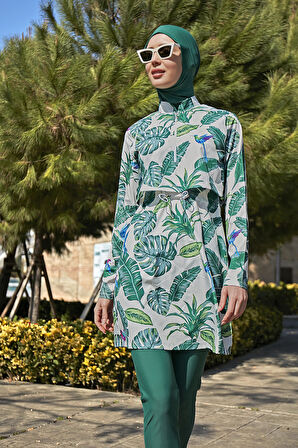 Remsa Önü Kapaklı Tam Kapalı Tesettür Mayo R111 Yeşil Yaprak Tasarım | XL