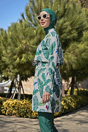 Remsa Önü Kapaklı Tam Kapalı Tesettür Mayo R111 Yeşil Yaprak Tasarım | XL