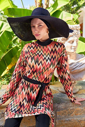 Likralı Tam Kapalı Tesettür Mayo Zigzag Desenli 3112 Siyah | L