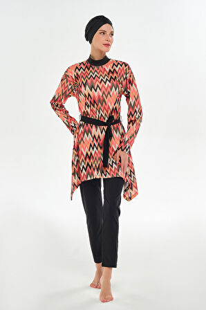 Likralı Tam Kapalı Tesettür Mayo Zigzag Desenli 3112 Siyah | L