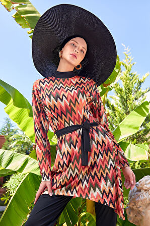 Likralı Tam Kapalı Tesettür Mayo Zigzag Desenli 3112 Siyah | XL