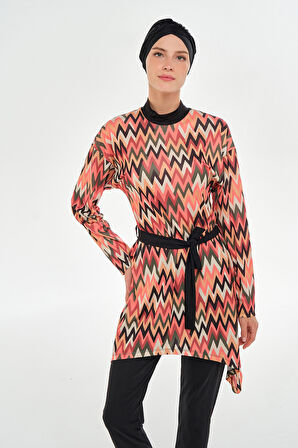 Likralı Tam Kapalı Tesettür Mayo Zigzag Desenli 3112 Siyah | XL