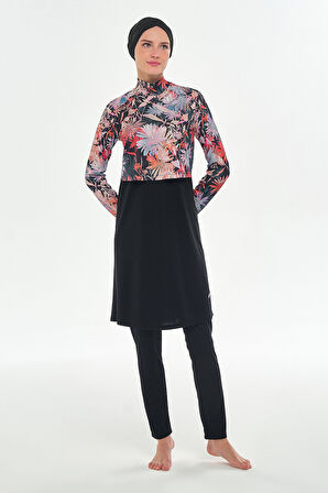 Yarım Desenli Likralı Tam Kapalı Tesettür Mayo 3123 Siyah | XL