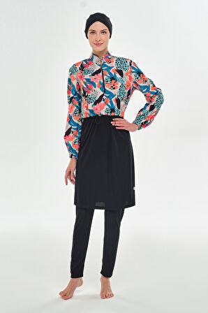 Tam Kapalı Tesettür Mayo Yarım Desenli 3401 Siyah | XL