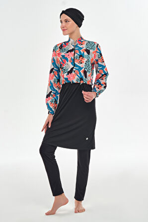 Tam Kapalı Tesettür Mayo Yarım Desenli 3401 Siyah | XL