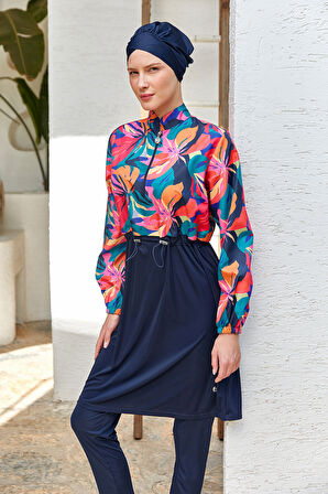 Tam Kapalı Tesettür Mayo Yarım Desenli 3403 Koyu Lacivert | M