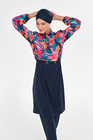 Tam Kapalı Tesettür Mayo Yarım Desenli 3403 Koyu Lacivert | M