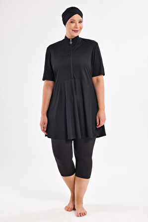 Büyük Beden Kısa Kollu Yarı Kapalı Mayo 3803 Siyah | 3XL