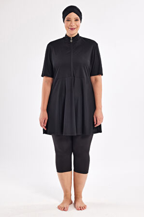 Büyük Beden Kısa Kollu Yarı Kapalı Mayo 3803 Siyah | 5XL