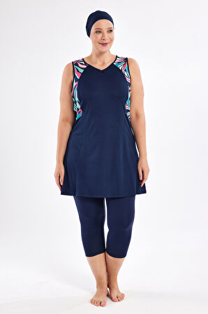 Büyük Beden Sıfır Kollu Yarı Kapalı Mayo 3806 Koyu Lacivert | 4XL