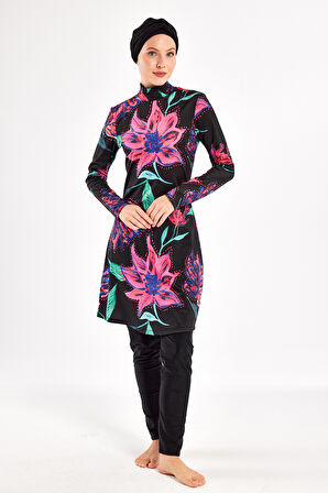 UV Korumalı Likralı Tam Kapalı Tesettür Mayo 1101 Siyah03 | XXL