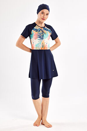 UV Korumalı Kısa Kollu Likra Yarı Kapalı Mayo 1607 Koyu Lacivert | XL