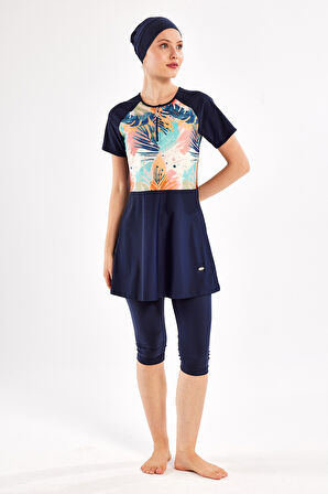 UV Korumalı Kısa Kollu Likra Yarı Kapalı Mayo 1607 Koyu Lacivert | XL