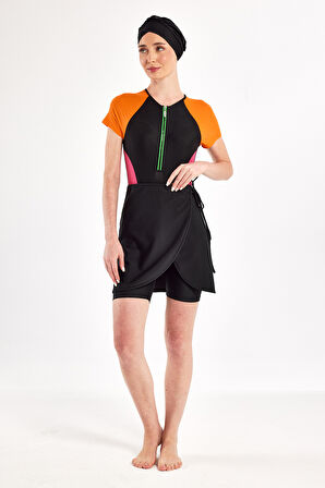 UV Korumalı Kısa Kollu 3 Farklı Şekilde Giyilebilir Likralı Yarı Kapalı Mayo 1610 Siyah02 | XXL