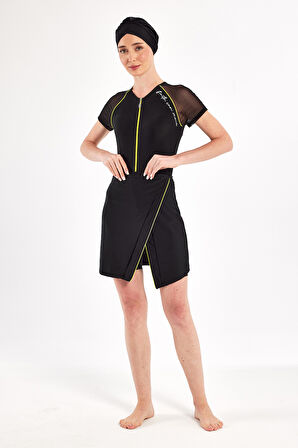 UV Korumalı Kısa Kollu 3 Farklı Şekilde Giyilebilir Likralı Yarı Kapalı Mayo 1611 Siyah03 | M