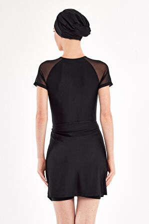 UV Korumalı Kısa Kollu 3 Farklı Şekilde Giyilebilir Likralı Yarı Kapalı Mayo 1611 Siyah03 | M