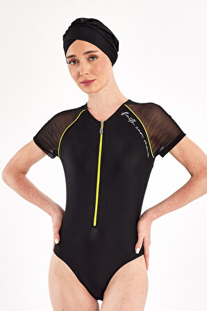 UV Korumalı Kısa Kollu 3 Farklı Şekilde Giyilebilir Likralı Yarı Kapalı Mayo 1611 Siyah03 | L