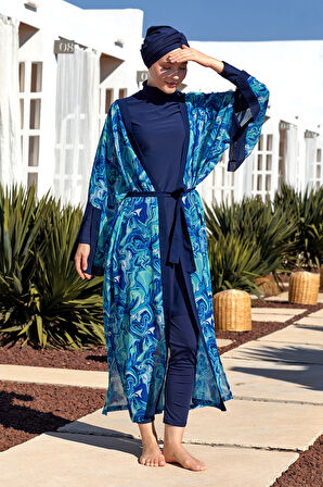 UV Korumalı Mayo Üzerine Tek Pareo Kimono 1714 Mavi | 3