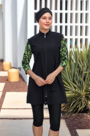 UV Korumalı Spor Likra Truvakar Kol Yarı Kapalı Tesettür Mayo 1602 Siyah15 | S