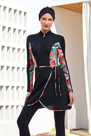 3 Farklı Şekilde Giyilebilir Likralı Etekli Tesettür Mayo Dora 2111 Siyah | S