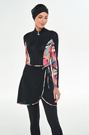 3 Farklı Şekilde Giyilebilir Likralı Etekli Tesettür Mayo Dora 2111 Siyah | S