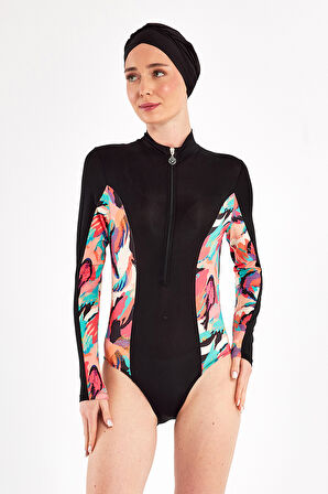 3 Farklı Şekilde Giyilebilir Likralı Etekli Tesettür Mayo Dora 2111 Siyah | XL