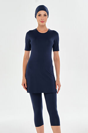 Kısa Kollu Taytlı Likralı Yarı Kapalı Mayo 2606 Koyu Lacivert | S