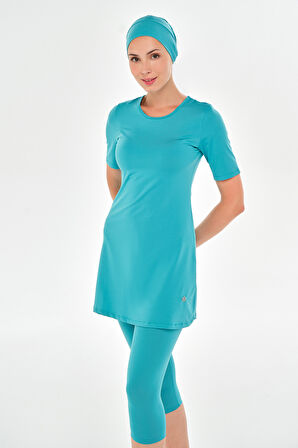 Büyük Beden Kısa Kollu Taytlı Likralı Yarı Kapalı Mayo 2606 Mint | 4XL