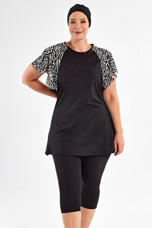 Büyük Beden Kısa Kollu Yarı Kapalı Mayo 2805 Siyah | 4XL