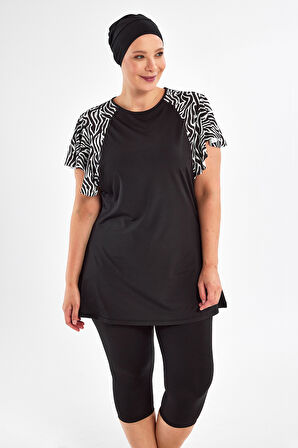 Büyük Beden Kısa Kollu Yarı Kapalı Mayo 2805 Siyah | 4XL