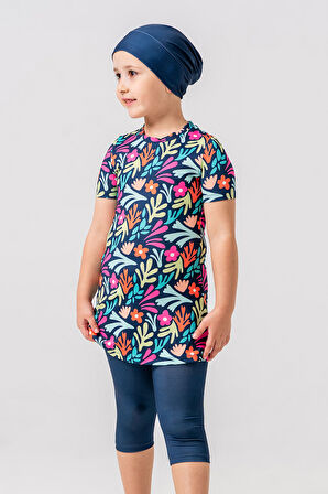 Kız Çocuk Kısa Kollu Taytlı Likralı Yarı Kapalı Mayo 2905 Koyu Lacivert | 5-6 Yaş