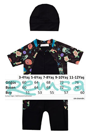 UV Korumalı Kısa Kollu Tulum Bebek Çocuk Yüzücü Mayo 1910 Siyah | 5-6 Yaş