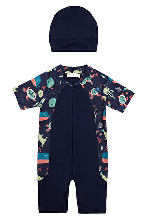 UV Korumalı Kısa Kollu Tulum Bebek Çocuk Yüzücü Mayo 1910 Koyu Lacivert | 5-6 Yaş