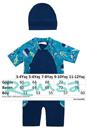 UV Korumalı Kısa Kollu Tulum Bebek Çocuk Yüzücü Mayo 1910 Açık Lacivert | 5-6 Yaş