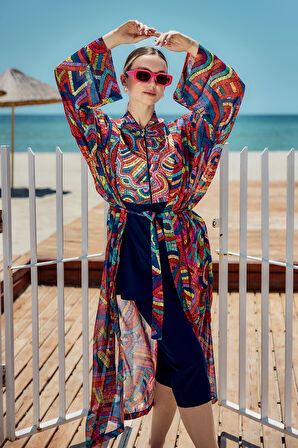 Remsa Tesettür Mayo Üzerine Tek Kaftan Kimono Pareo Lacivert01 RP029 Tuna | 2