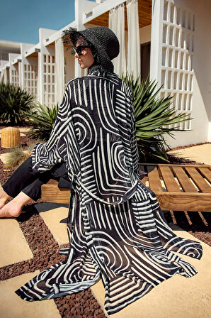Remsa Tesettür Mayo Üzerine Tek Kaftan Kimono Pareo Siyah02 RP032 Labire | 1