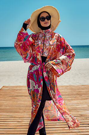 Remsa Tesettür Mayo Üzerine Tek Kaftan Kimono Pareo Oranj RP034 Festival | 2