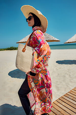 Remsa Tesettür Mayo Üzerine Tek Kaftan Kimono Pareo Oranj RP034 Festival | 2