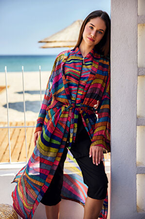 Remsa Tesettür Mayo Üzerine Tek Kaftan Kimono Pareo Siyah03 RP022 Puket | 2