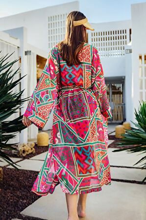Remsa Tesettür Mayo Üzerine Tek Kaftan Kimono Pareo Pembe RP031 Arzu | 2