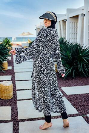 Remsa Tesettür Mayo Üzerine Tek Kaftan Kimono Pareo Beyaz RP036 Leopar | 1